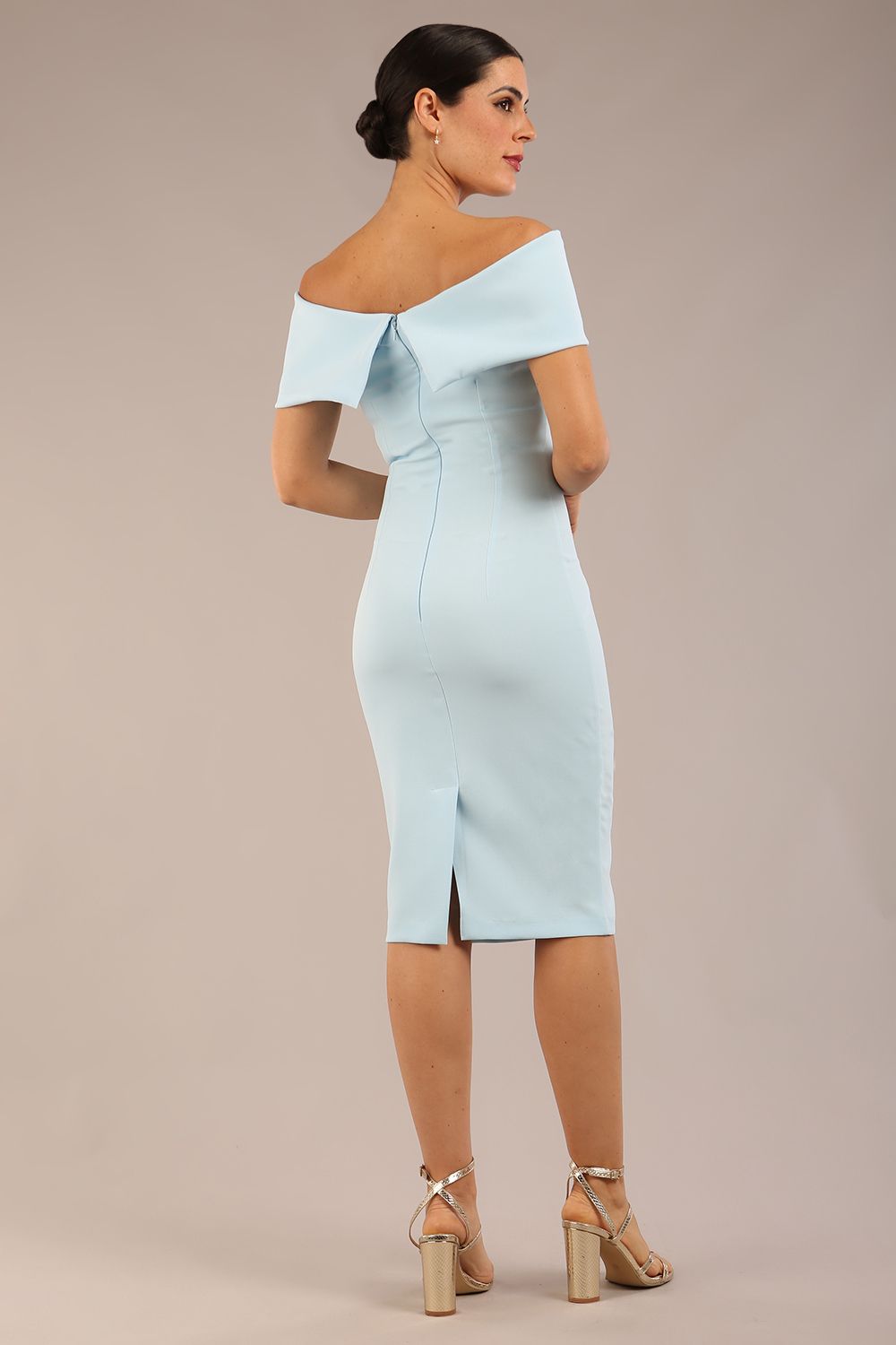 model is wearing diva catwalk mariposa pencil dress with Detailed Bardot neckline with fold-over detail and pleated at waist area in Sky Blue