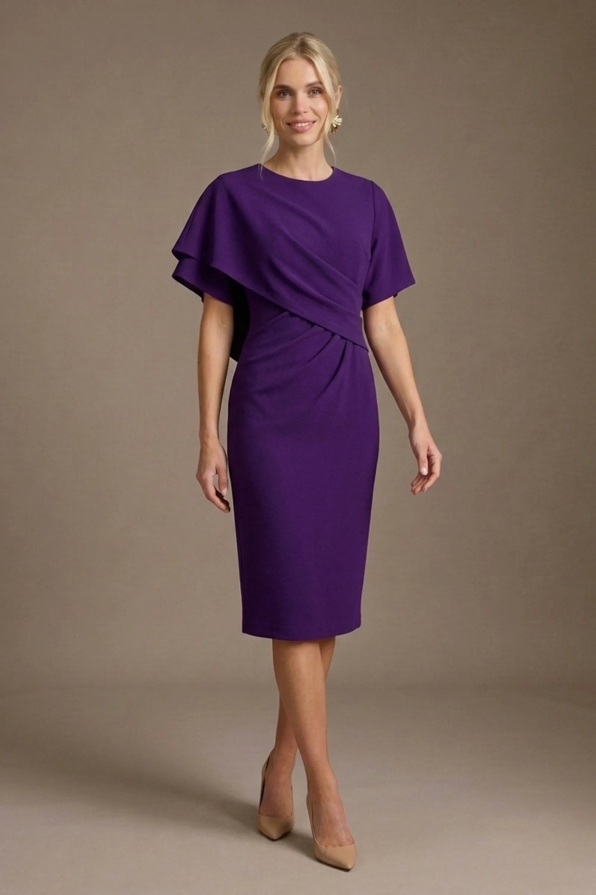Cypress Asymmetric Cape Detail Pencil Dress in Purple – Diva Catwalk, image 23