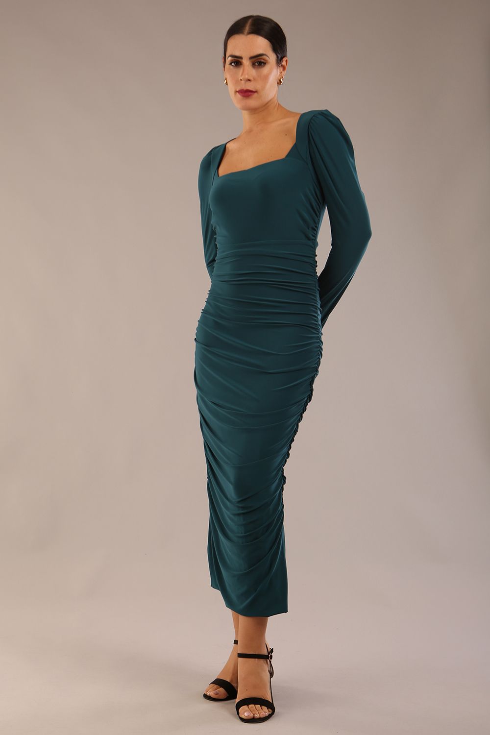 Kiki Silky Stretch Ruched Midi Dress in Teal – Diva Catwalk, image 9