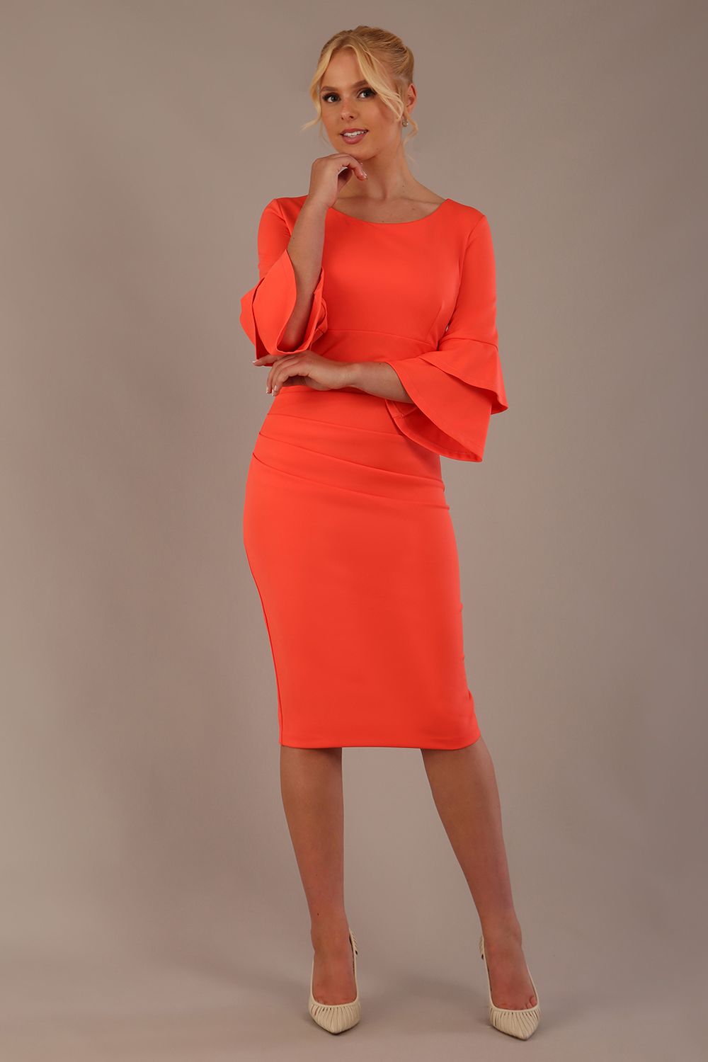 Meridian Flute Sleeve Dress in Hot Coral – Diva Catwalk, image 20