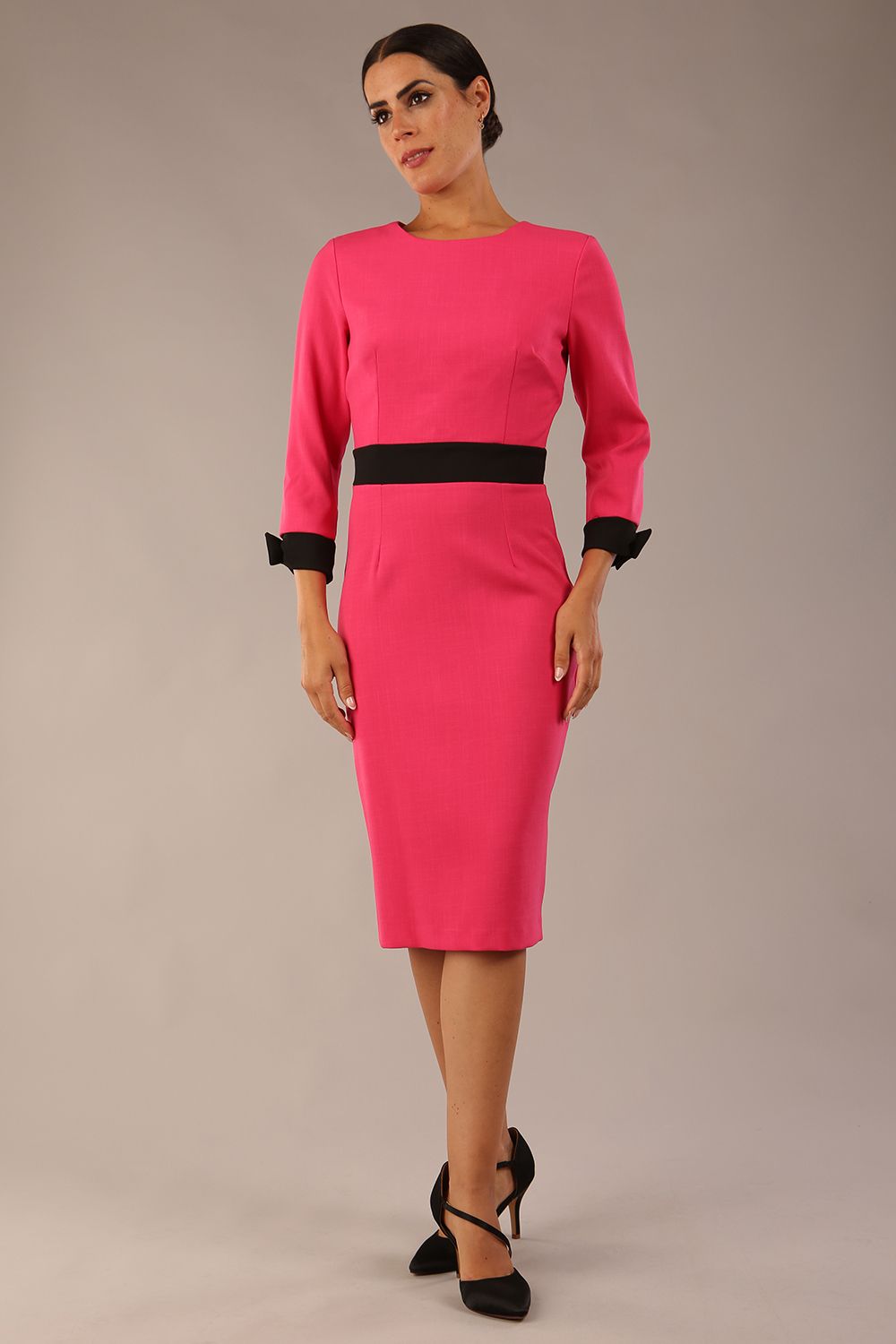 Reese 3/4 Sleeved Pencil Dress in Fuchsia Pink/Black – Diva Catwalk, image 10