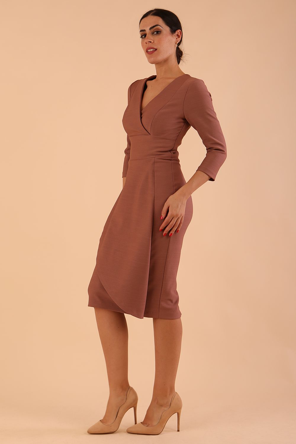 Seed Rosemary Low V-Neckline Sleeved Pencil Dress in Acorn Brown – Diva Catwalk, image 8