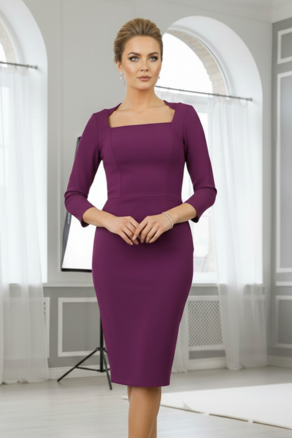 Seed Rowena Square Neckline Sleeved Pencil Dress in Imperial Purple – Diva Catwalk, image 6