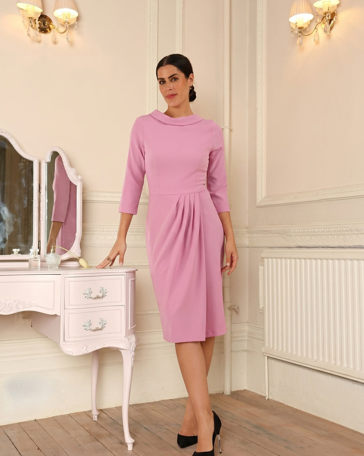 Hazel Rounded Collar Detail Pencil Dress in Dawn Pink – Diva Catwalk, image 29