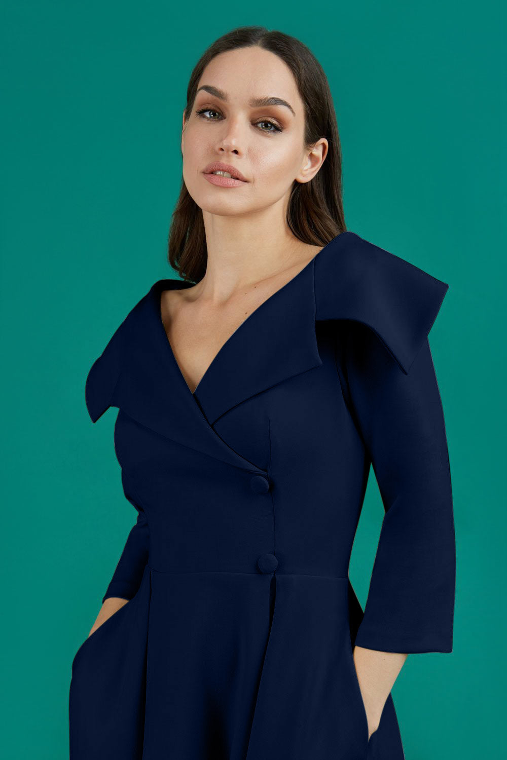 Gatsby Sleeved Oversized Collar Swing Dress in Navy – Diva Catwalk, image 24