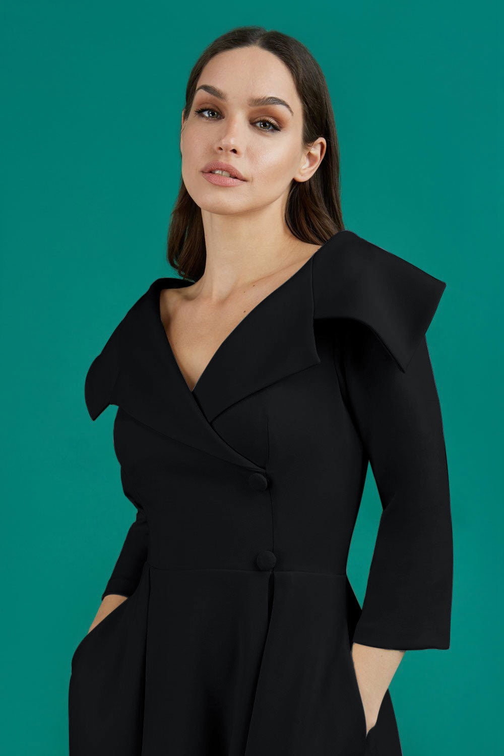Gatsby Sleeved Oversized Collar Swing Dress in Black – Diva Catwalk, image 23