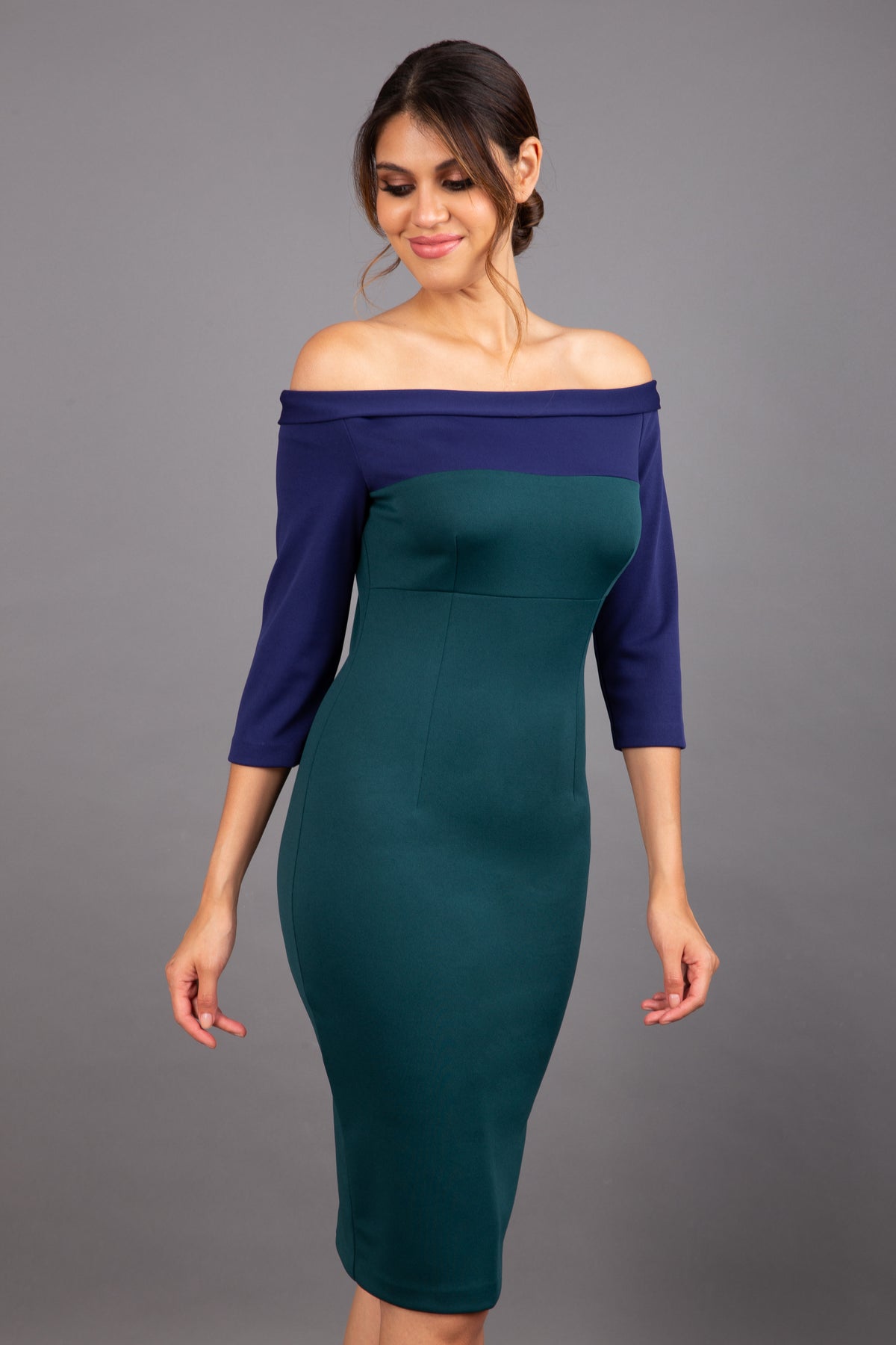 Leon Off Shoulder Contrast Pencil Dress in Forest Green/Navy Blue – Diva Catwalk, image 3