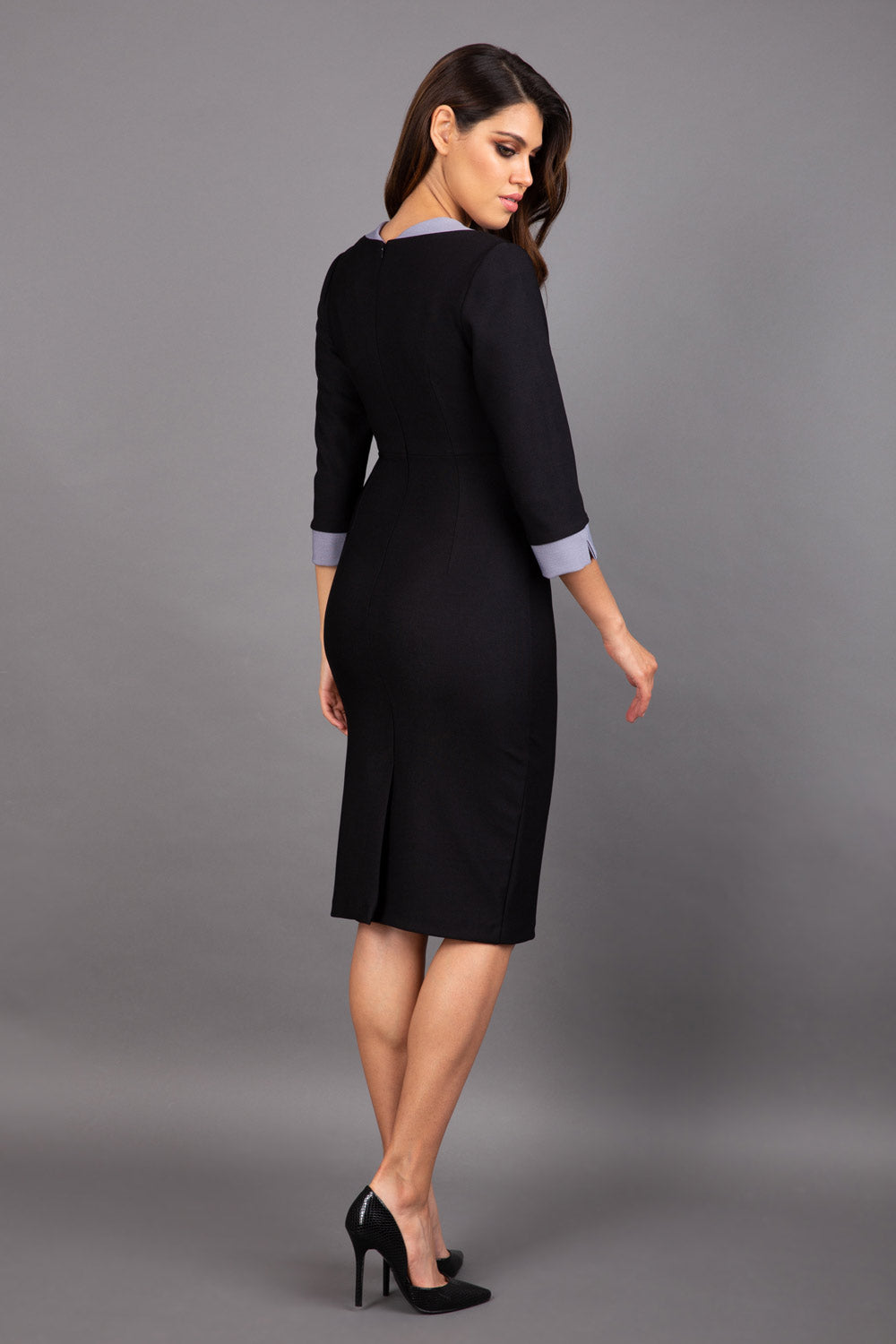 Seed Cirrus Contrast Neckline 3/4 Sleeve Pencil Dress in Black/ Sky Grey – Diva Catwalk, image 2