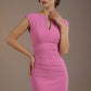 model weaing a diva catwalk LYDIA SLEEVELESS dress with pleating and round neckline with v slit -(BegoniaPink)