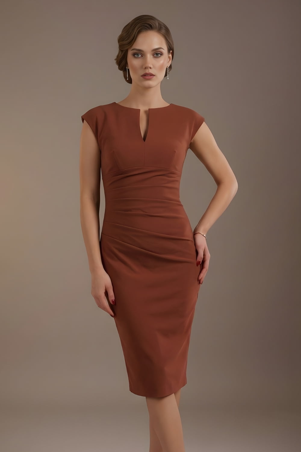 Woman wearing a brown dress against a plain background (Terracotta Brown)
