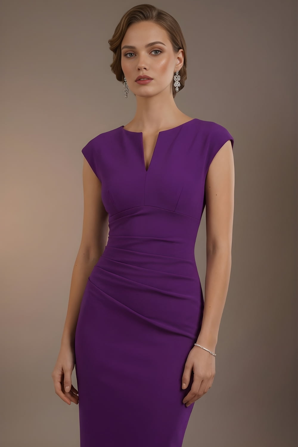 Woman wearing a purple dress against a brown background (Violet Purple)