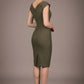 Woman wearing a diva catwalk green dress against a brown background side back view- Seed Anna Sleeveless Pencil Skirt Dress (Olive Green)