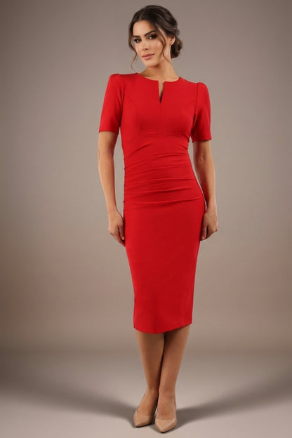 Seed Fitzrovia Short Sleeve Pencil Dress in Salsa Red – detail