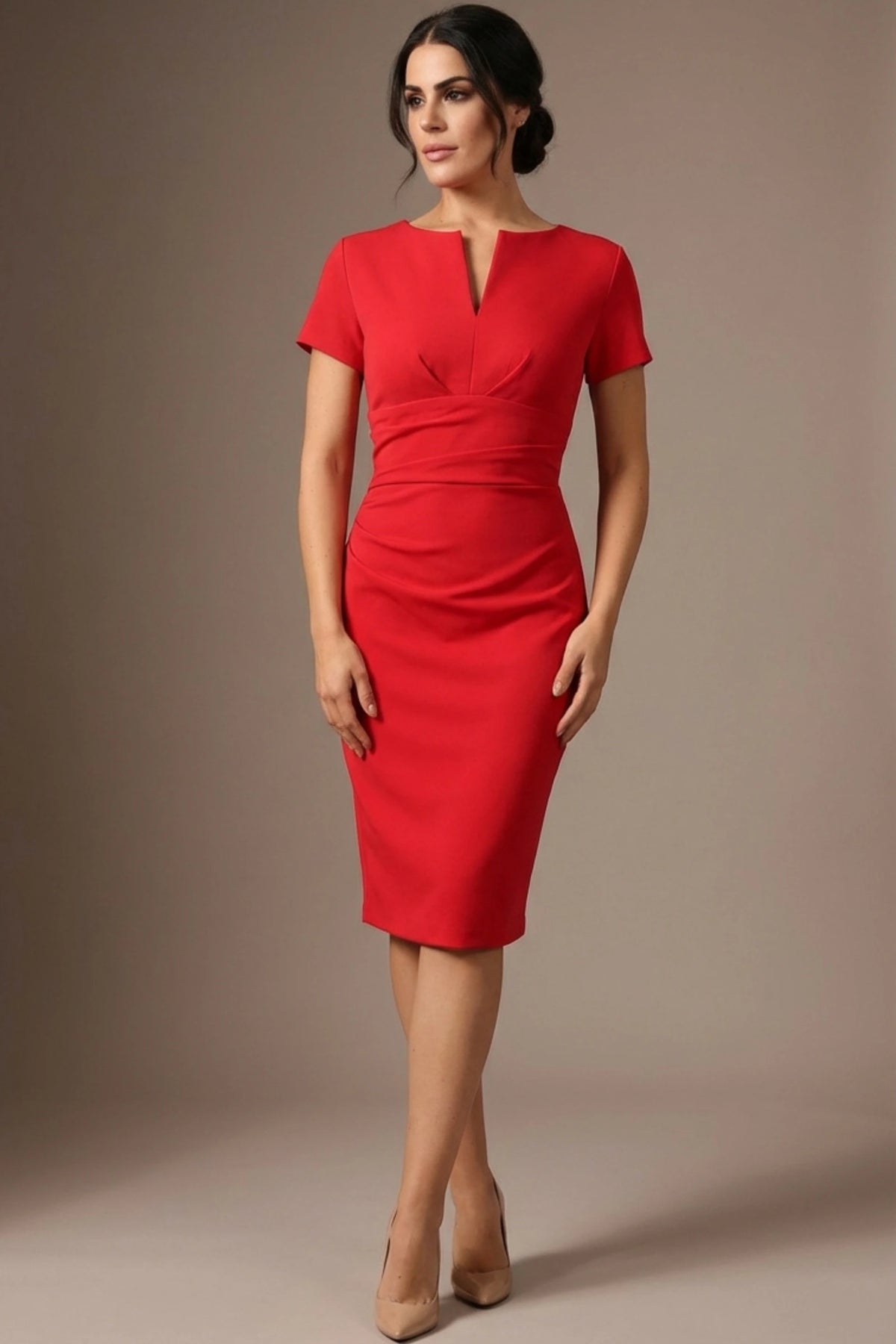Donna Short Sleeved Pencil Dress in Electric Red – detail