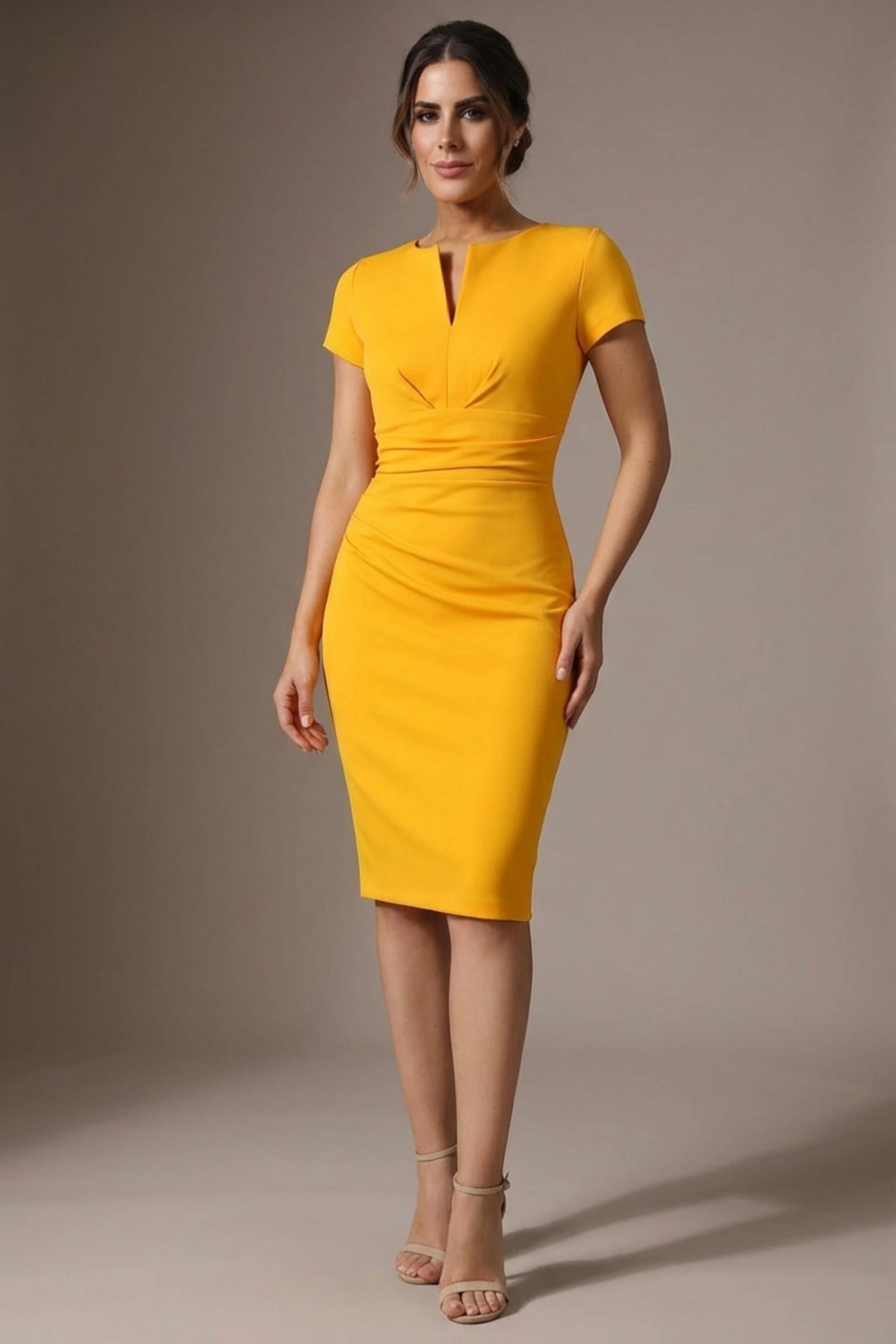 Donna Short Sleeved Pencil Dress in Saffron Yellow – detail