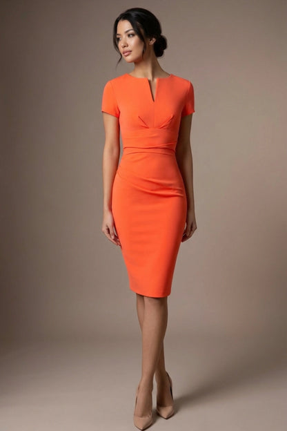 Donna Short Sleeved Pencil Dress in Hot Coral – detail