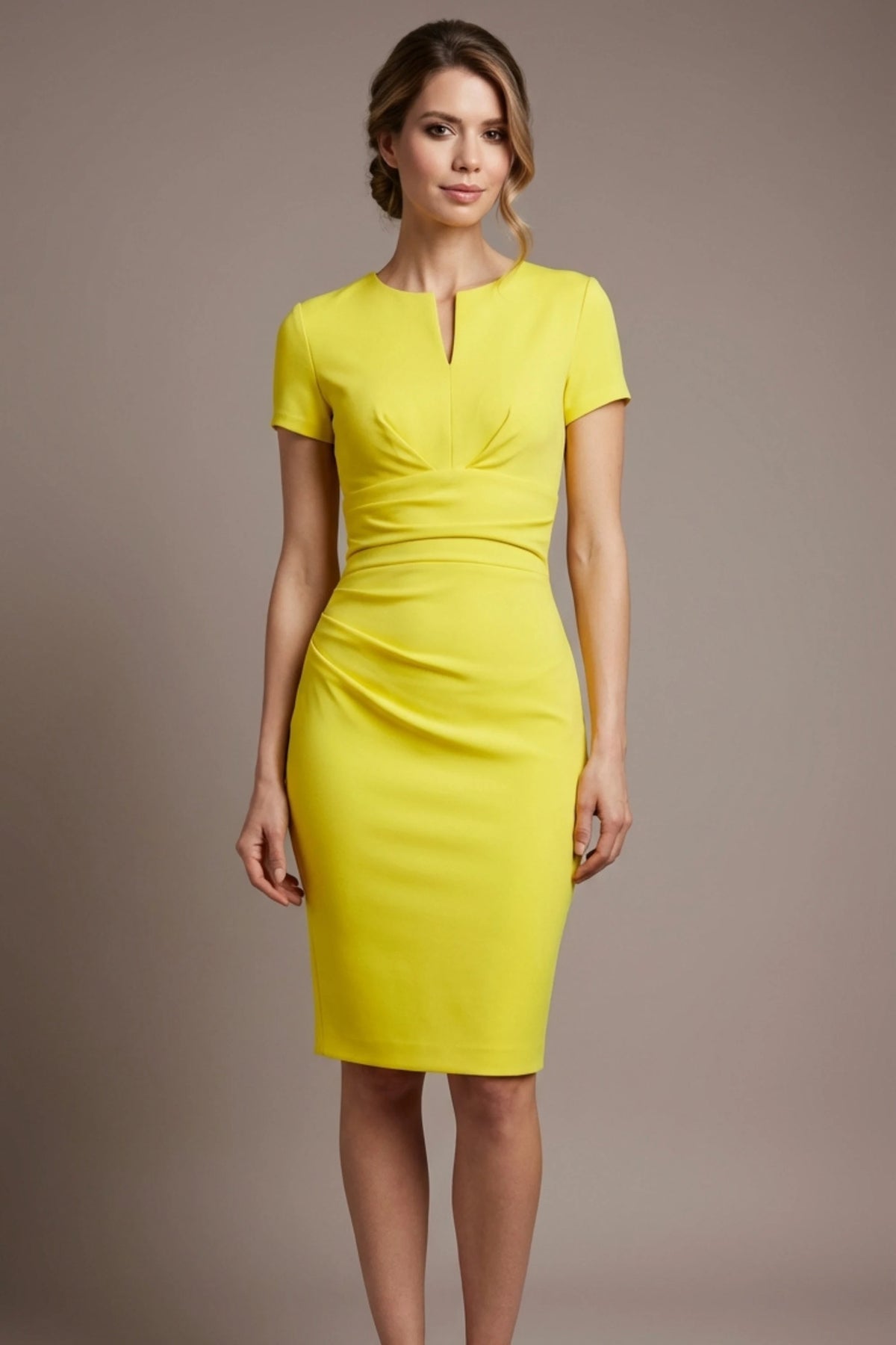 Donna Short Sleeved Pencil Dress in Blazing Yellow – detail
