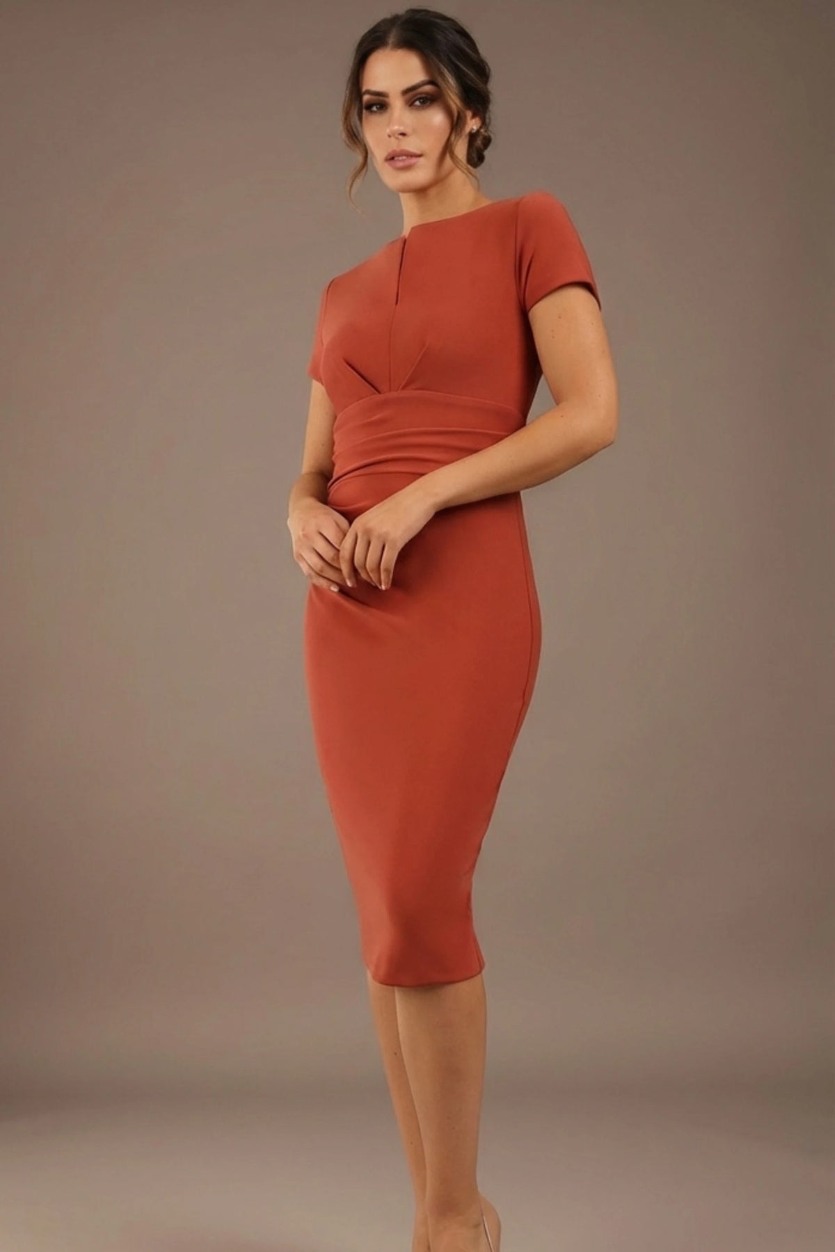 Donna Short Sleeved Pencil Dress in Marsala Brown – front view