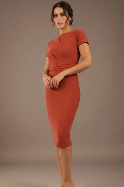 Donna Short Sleeved Pencil Dress in Marsala Brown – front view