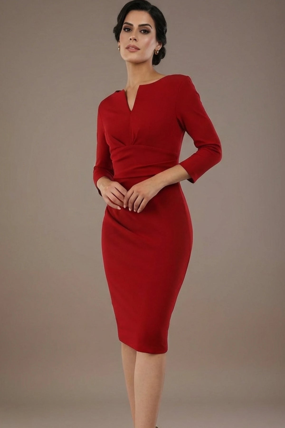 Donna 3/4 Sleeved Pencil Dress in Rose Wood Red – Diva Catwalk, image 15