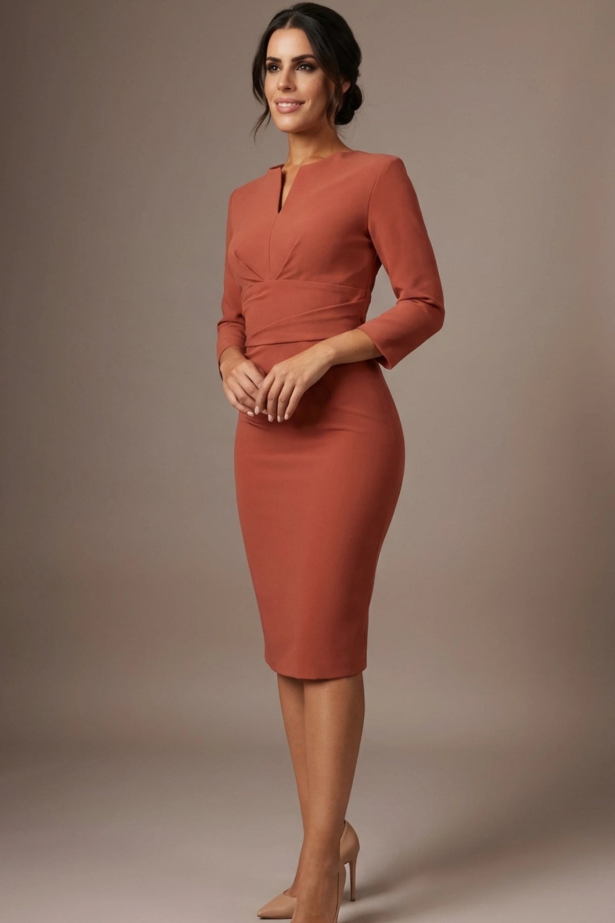 Donna 3/4 Sleeved Pencil Dress in Marsala Brown – Diva Catwalk, image 10
