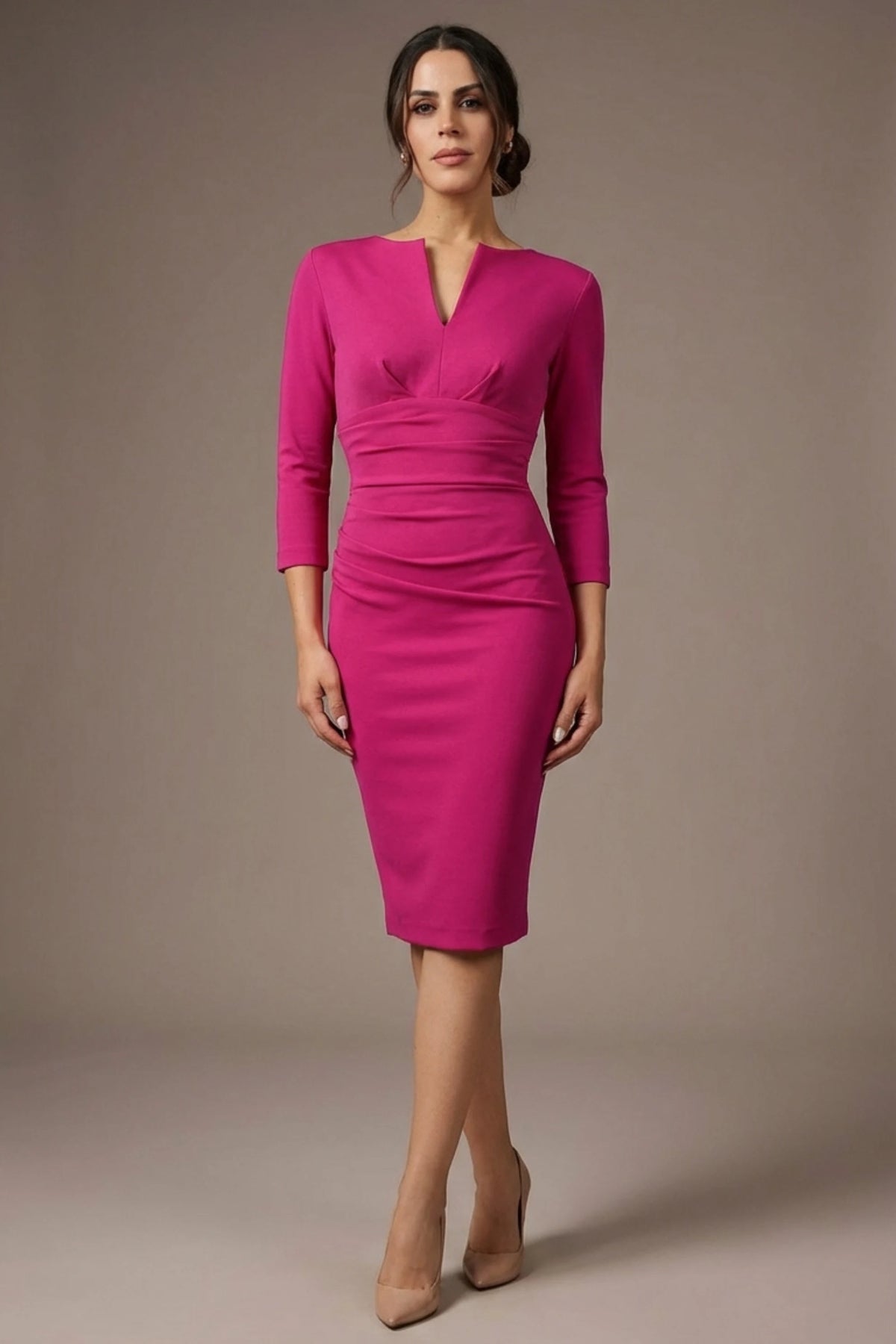 Donna 3/4 Sleeved Pencil Dress in Magenta Haze – Diva Catwalk, image 9