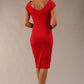 Model wearing Diva Catwalk Polly Rounded Neckline Pencil Cap Sleeve Dress with pleating across the tummy area in True Red back