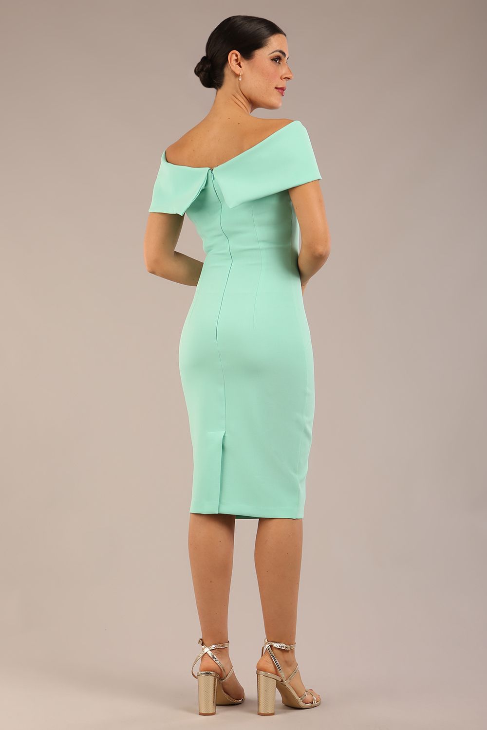 model is wearing diva catwalk mariposa pencil dress with Detailed Bardot neckline with fold-over detail and pleated at waist area in Mint Green