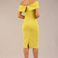model is wearing diva catwalk mariposa pencil dress with Detailed Bardot neckline with fold-over detail and pleated at waist area in Citrus green