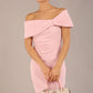 model is wearing diva catwalk mariposa pencil dress with Detailed Bardot neckline with fold-over detail and pleated at waist area in Crystal Pink