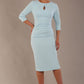 model wearing diva catwalk ubrique pencil dress with a keyhole detail and sleeves in sky blue colour front (Sky Blue)