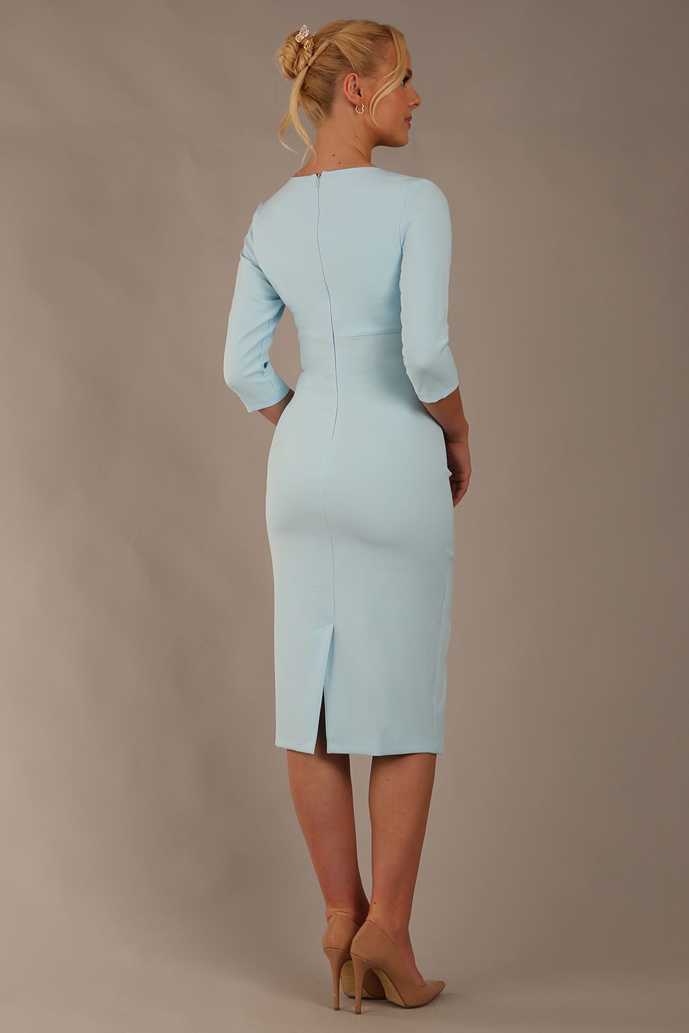 model wearing diva catwalk ubrique pencil dress with a keyhole detail and sleeves in sky blue colour back (Sky Blue)