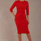 model wearing diva catwalk ubrique pencil dress with a keyhole detail and sleeves in scarlet red (Scarlet Red)