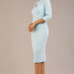 model wearing diva catwalk ubrique pencil dress with a keyhole detail and sleeves in sky blue colour front (Sky Blue)
