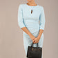 model wearing diva catwalk ubrique pencil dress with a keyhole detail and sleeves in sky blue colour front (Sky Blue)