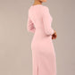 model wearing diva catwalk ubrique pencil dress with a keyhole detail and sleeves in crystal pink (Crystal Pink)