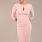 model wearing diva catwalk ubrique pencil dress with a keyhole detail and sleeves in crystal pink (Crystal Pink)
