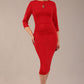 brunette model wearing diva catwalk ubrique pencil dress with a keyhole detail and sleeves in dark red colour front (Dark Red)