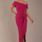 model wearing diva catwalk vegas calf length magenta midaxi dress with wide bardot neckline and open shoulders with a large opening at the front of the skirt with pleating coming down long skirt front (Magenta)