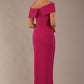 model wearing diva catwalk vegas calf length magenta midaxi dress with wide bardot neckline and open shoulders with a large opening at the front of the skirt with pleating coming down long skirt back (Magenta)