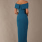 model wearing diva catwalk vegas calf length Teal midaxi dress with wide bardot neckline and open shoulders with a large opening at the front of the skirt with pleating coming down long skirt back (Tropical Teal)