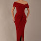 model wearing diva catwalk vegas calf length rosewood red midaxi dress with wide bardot neckline and open shoulders with a large opening at the front of the skirt with pleating coming down long skirt front (Rosewood Red)
