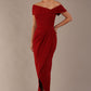 model wearing diva catwalk vegas calf length rosewood red midaxi dress with wide bardot neckline and open shoulders with a large opening at the front of the skirt with pleating coming down long skirt front (Rosewood Red)