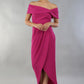 model wearing diva catwalk vegas calf length magenta midaxi dress with wide bardot neckline and open shoulders with a large opening at the front of the skirt with pleating coming down long skirt front (Magenta)