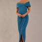 brunette model wearing diva catwalk vegas calf length Teal midaxi dress with wide bardot neckline and open shoulders with a large opening at the front of the skirt with pleating coming down long skirt front (Tropical Teal)