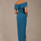 brunette model wearing diva catwalk vegas calf length Teal midaxi dress with wide bardot neckline and open shoulders with a large opening at the front of the skirt with pleating coming down long skirt back (Tropical Teal)
