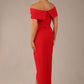 brunette model wearing diva catwalk vegas calf length midaxi dress with wide bardot neckline and open shoulders with a large opening at the front of the skirt with pleating coming down long skirt back in scarlet red (Scarlet Red)