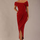 brunette model wearing diva catwalk vegas calf length rosewood red midaxi dress with wide bardot neckline and open shoulders with a large opening at the front of the skirt with pleating coming down long skirt front (Rosewood Red)