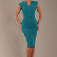 model wearing diva catwalk lydia sleeveless pencil flattering fitted plain dress with split neckline and pleating across the body mosaic blue front (Mosaic Blue)