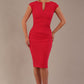 model wearing diva catwalk lydia sleeveless pencil flattering fitted plain dress with split neckline and pleating across the body Raspberry pink front (Raspberry Pink)
